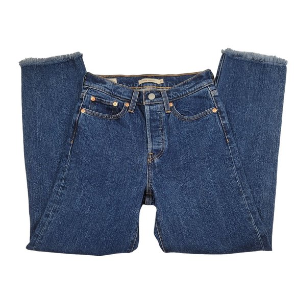 Levis Premium Womens 24 x 25 Blue Jeans Wedgie Straight Big E Raw Hem Button Fly - Picture 1 of 12